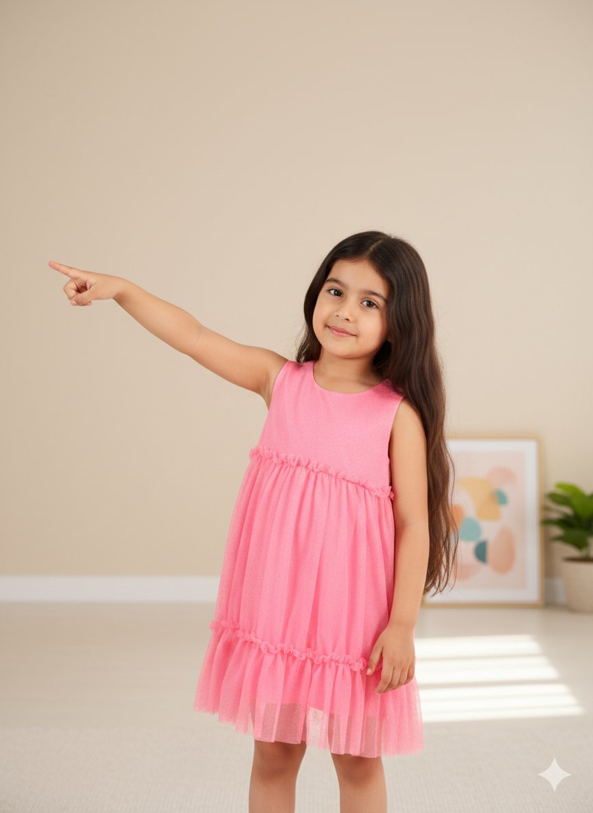 Elegant Dark Pink Glitter Net Pleated Dress