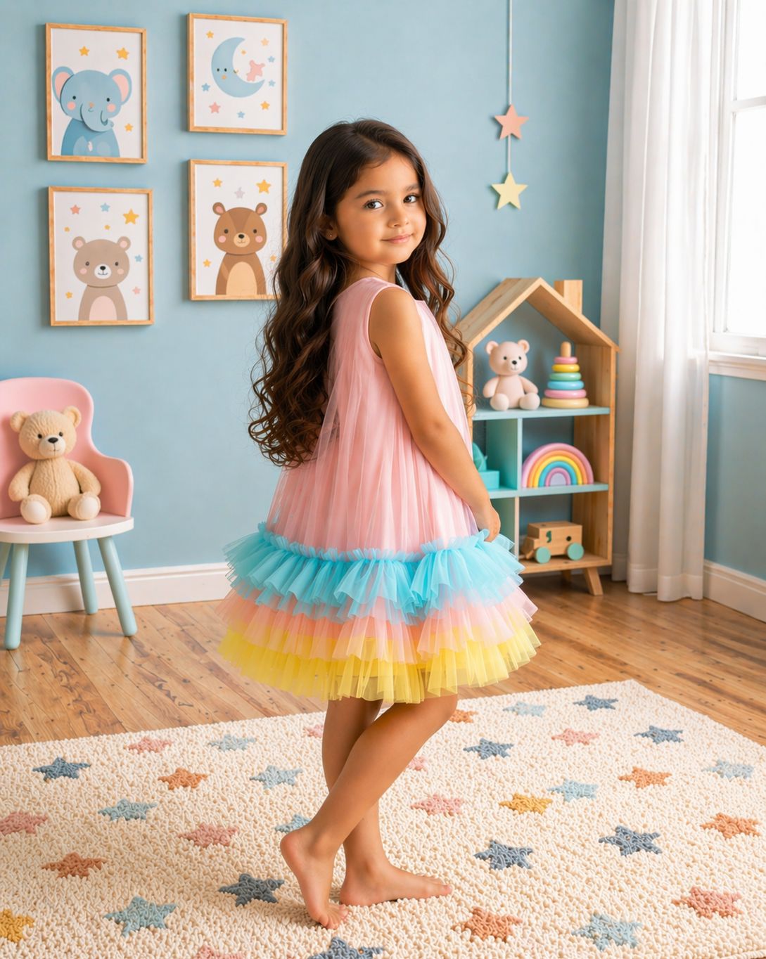 Pastel Rainbow Ruffle Tulle Party Dress view 2