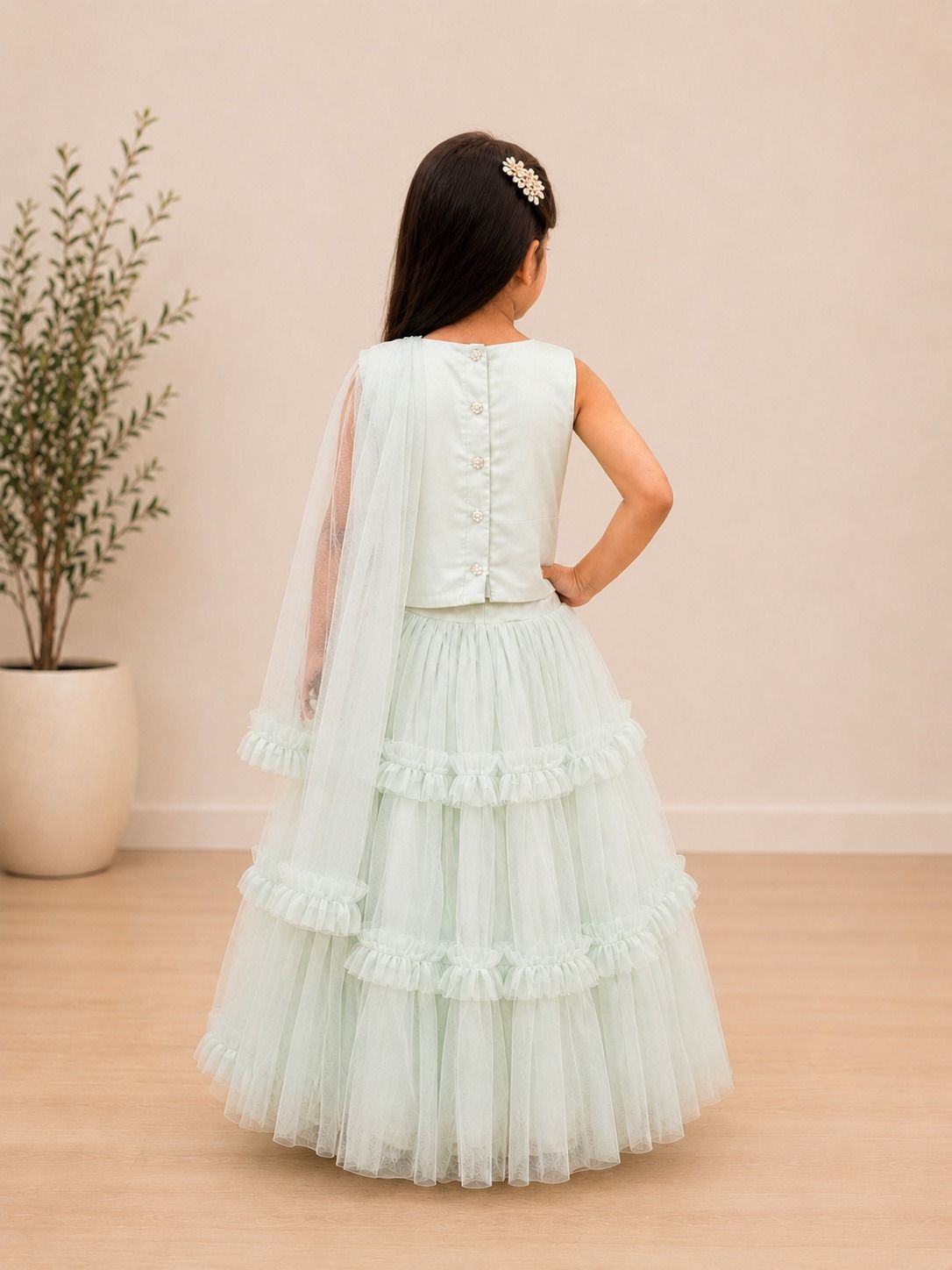 Pastel Mint Floral Embroidered Lehenga view 3