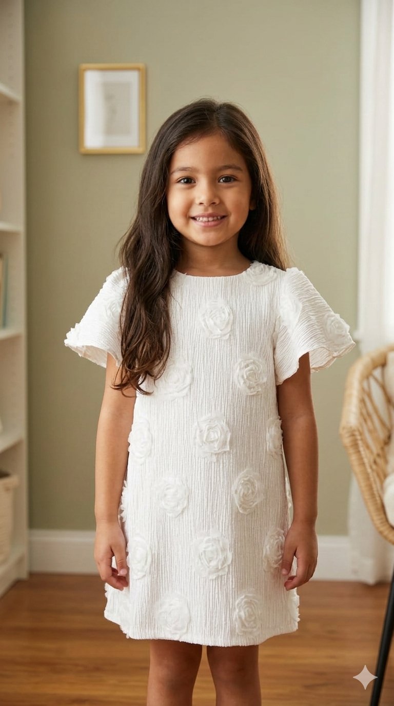 Ivory Bloom Textured Floral Appliqué Girls Dress