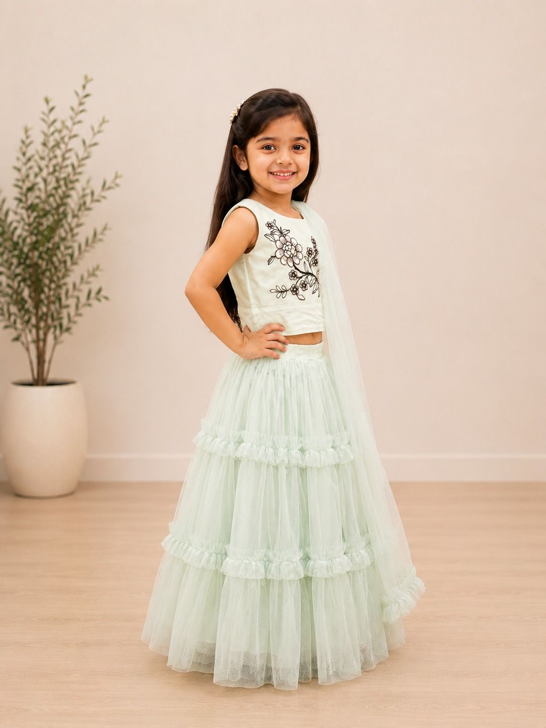 Pastel Mint Floral Embroidered Lehenga view 2