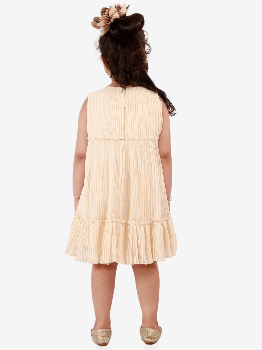 Elegant Beige Girls’ Glitter Net Pleated Dress view 4