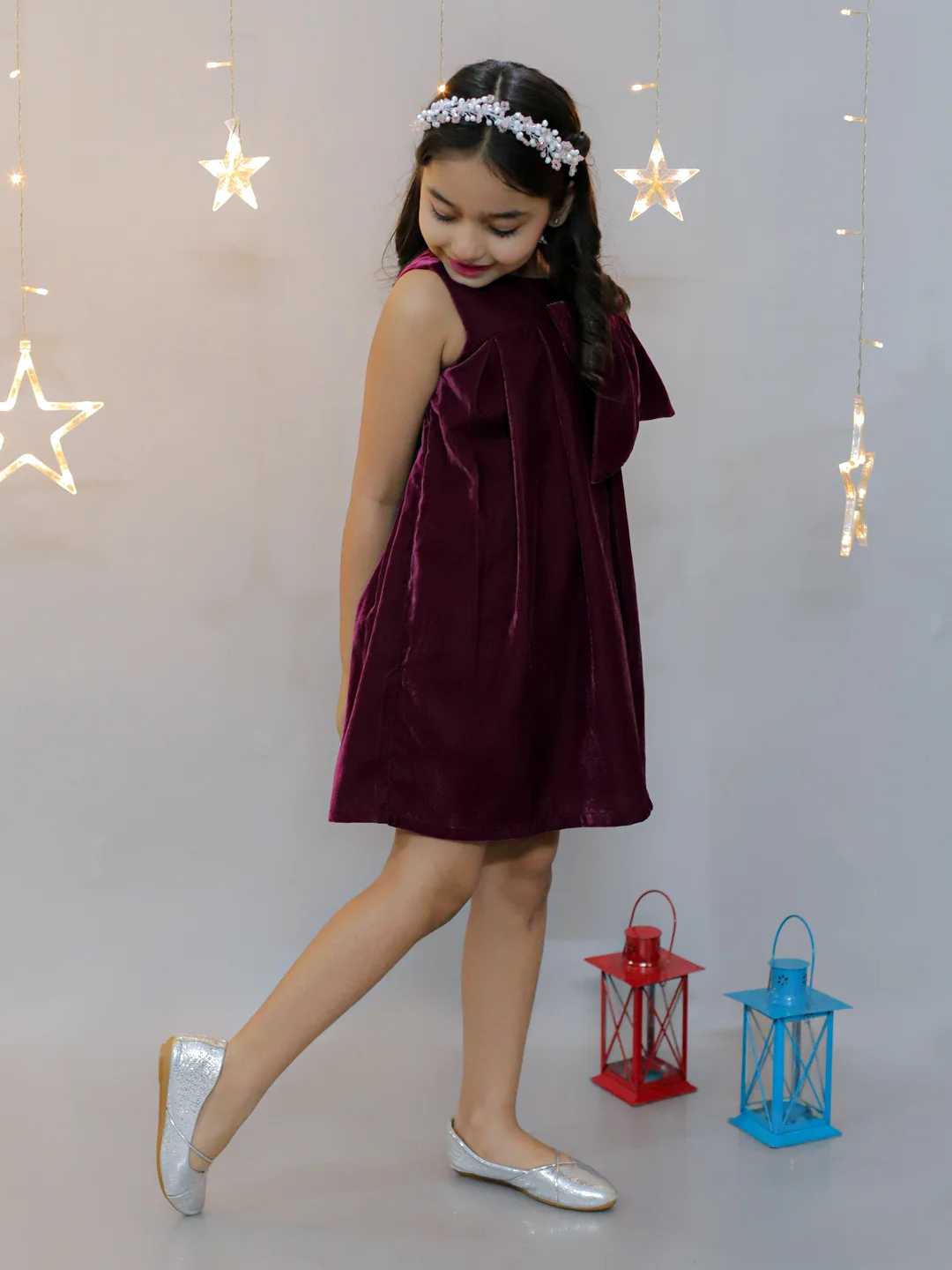 KIDSDEW SLEEVELESS A-LINE VELVET WITH BOW KNEE LENGTH PARTY DRESS WINE view 4
