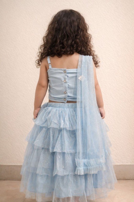 Fairytale Sky Blue Lehenga with One-Shoulder Top view 2