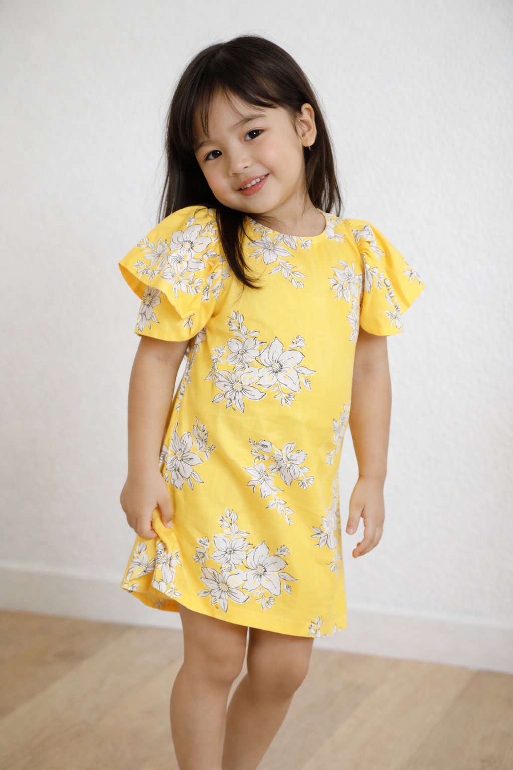 Adorable Yellow Floral Puffed Sleeves A-Line Dress