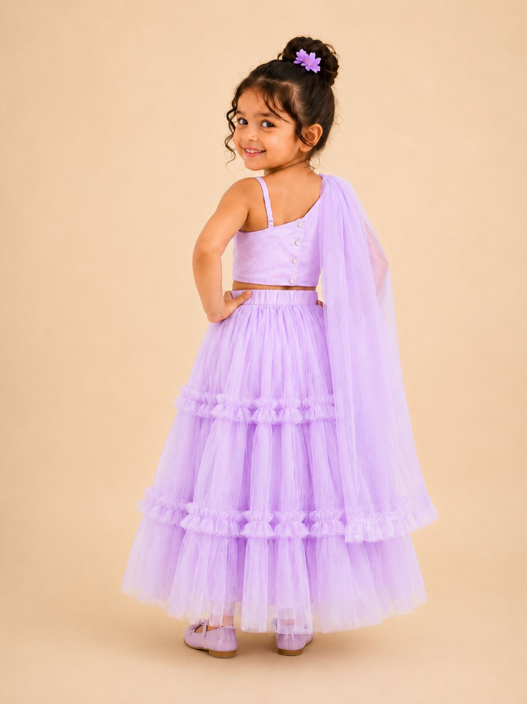 Lilac Dream One-Shoulder Ruffle Lehenga Set view 3