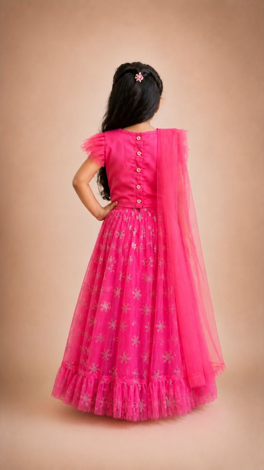 Elegant Pink Net Lehenga Set with Silver Sequin Top view 3