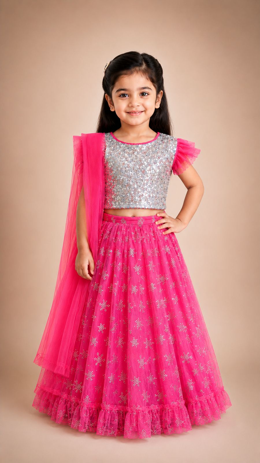 Elegant Pink Net Lehenga Set with Silver Sequin Top