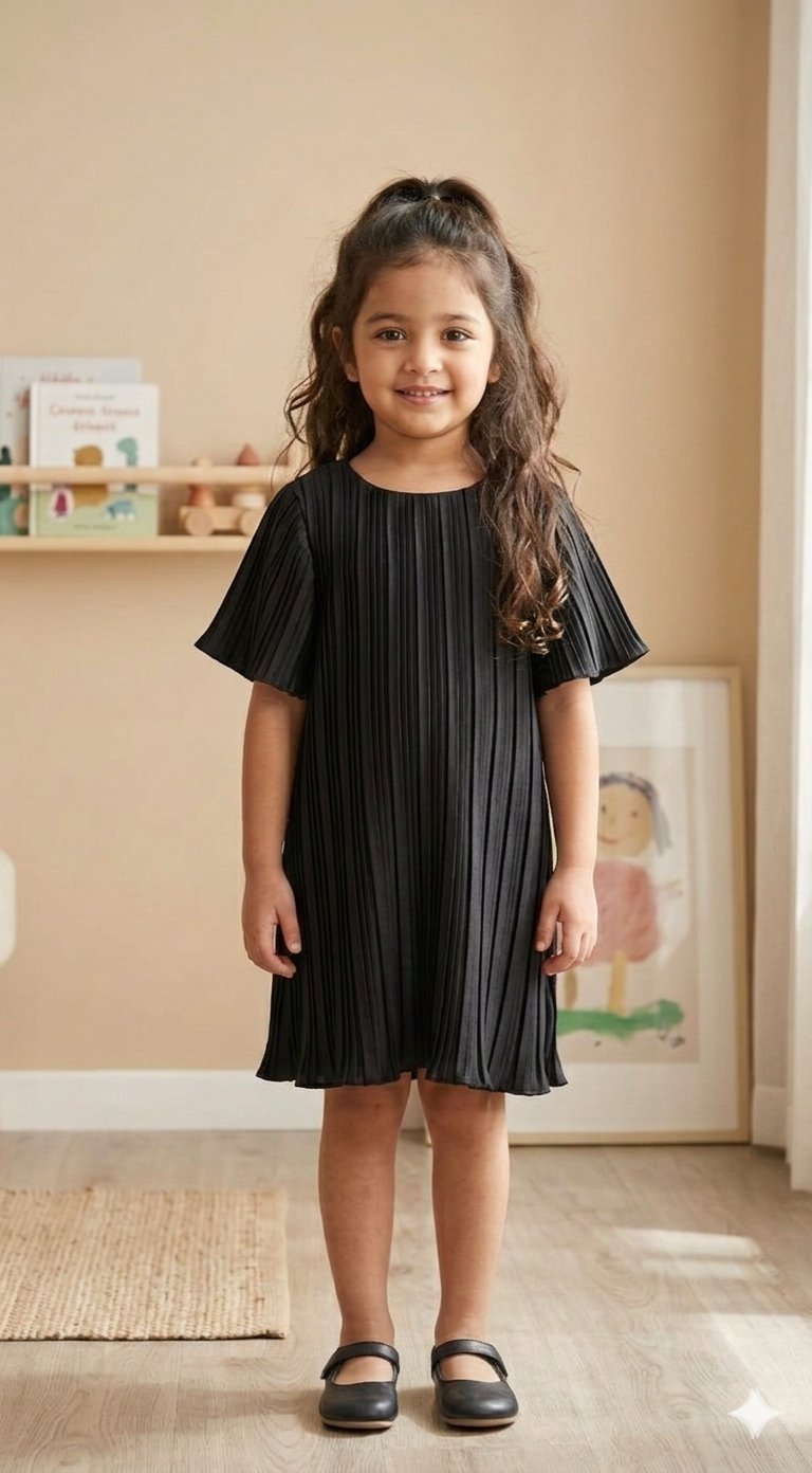 Classic Black Flutter Sleeve Pleated Dress