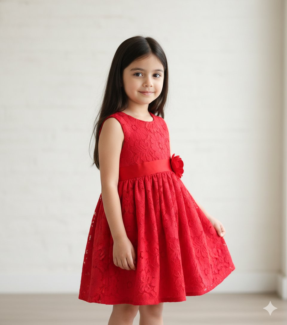 Stylish Red Lace Fit & Flare Party Dress with Corsage