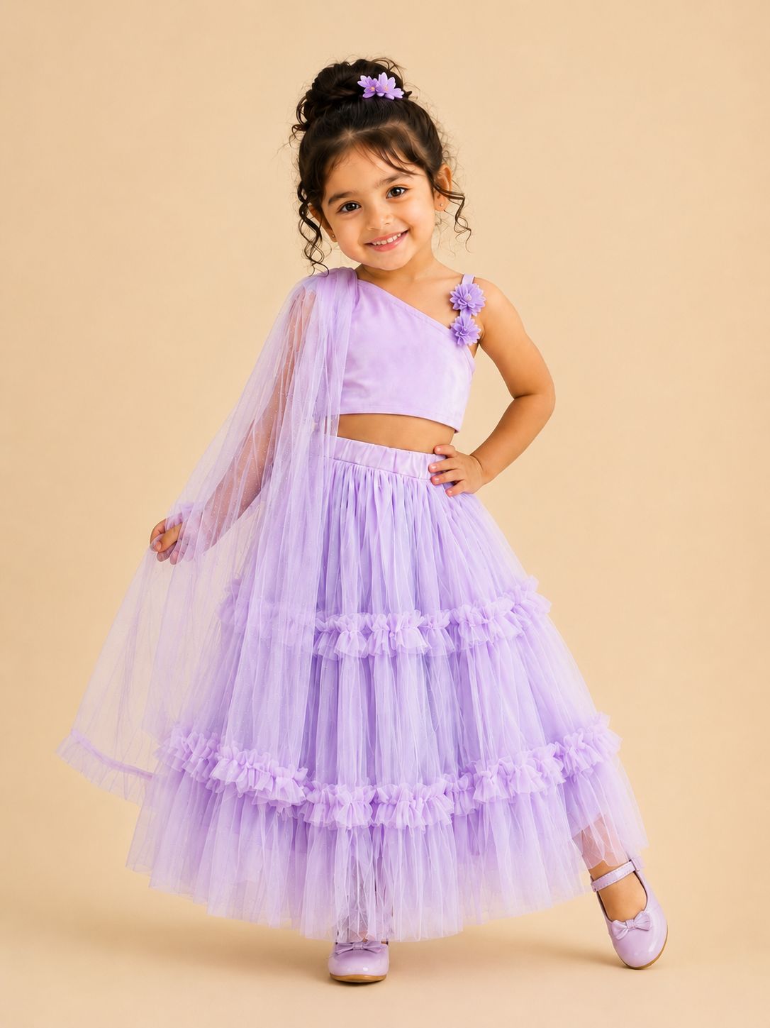 Lilac Dream One-Shoulder Ruffle Lehenga Set