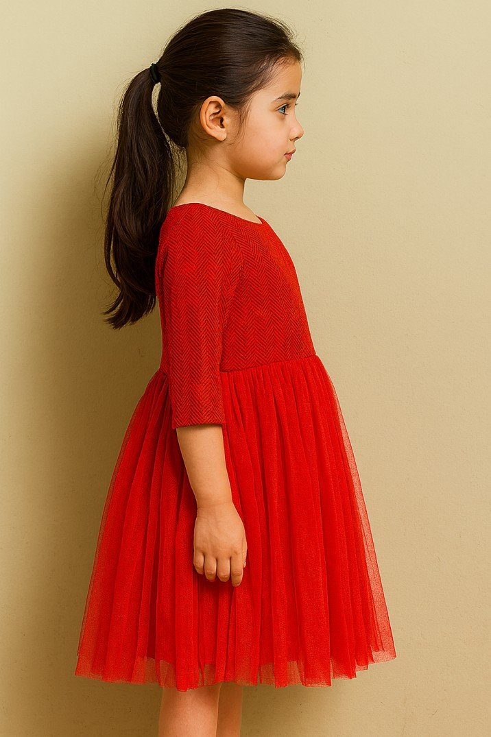 Girls Elegant Red Pleated Tulle Party Dress view 3
