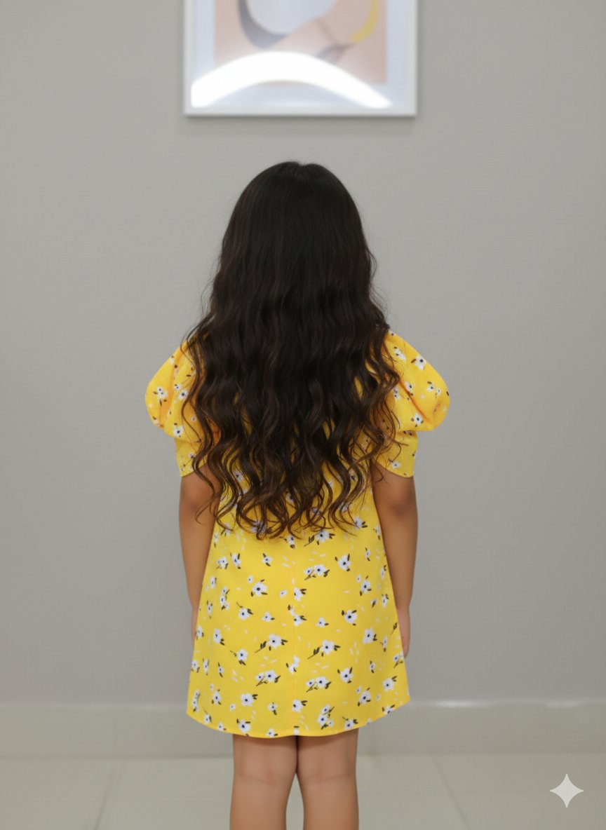 Stylish Yellow Polka Dot Dress with Puffed Sleeves and Matching Mask view 2