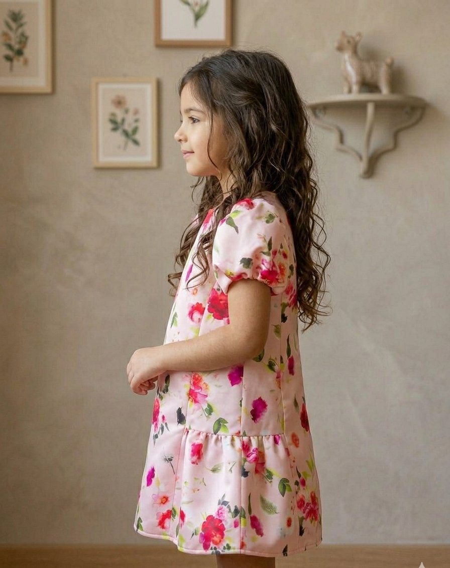 Girls Pink Floral Puff Sleeve Party Dress view 3