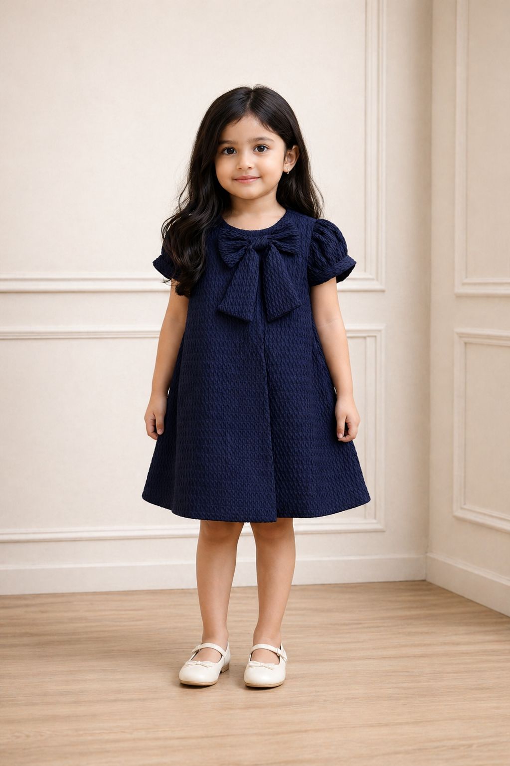 Classic Navy Blue Textured Bow Dress