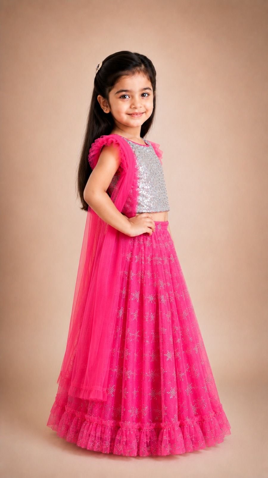 Elegant Pink Net Lehenga Set with Silver Sequin Top view 2