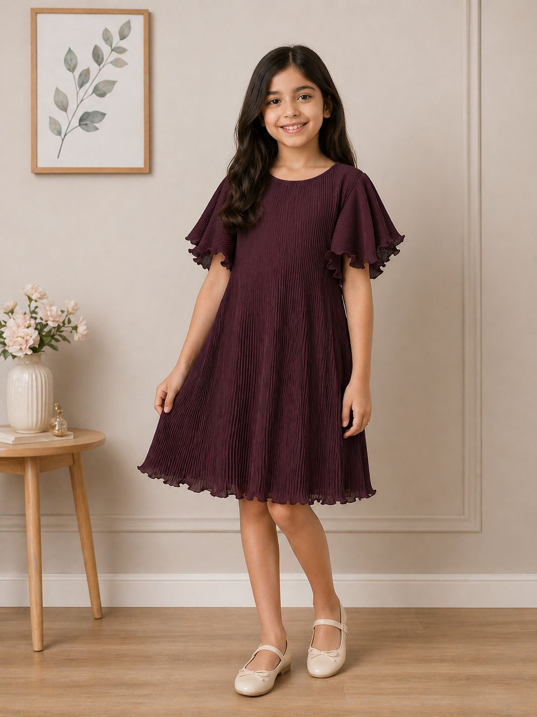 Chic Wine Pleated Dress