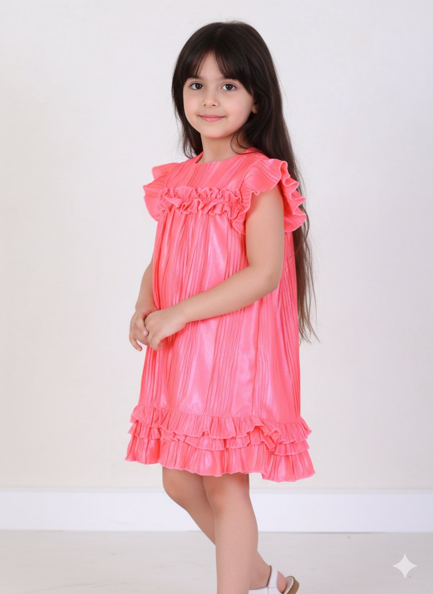Vibrant Orange Pleated Dress for Girls