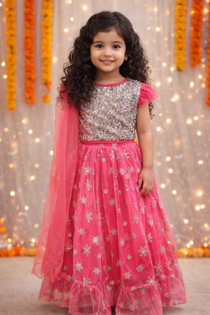 Elegant Pink Net Lehenga Set with Silver Sequin Top