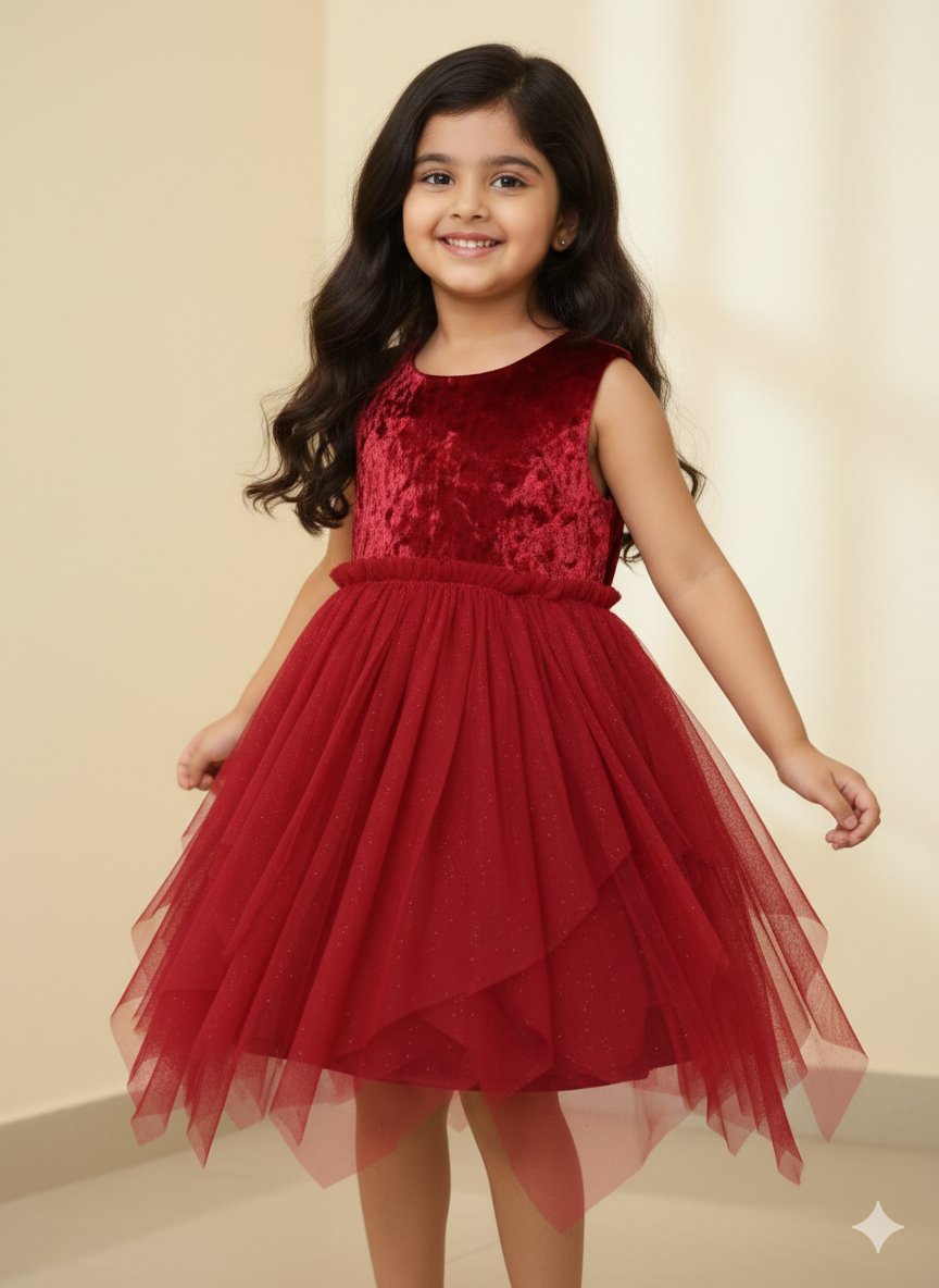 Elegant Maroon Velvet and Glitter Net Party Dress