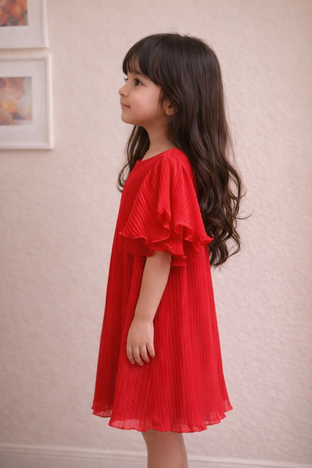 Little Girls Elegant Red Flutter Sleeve Dress view 3
