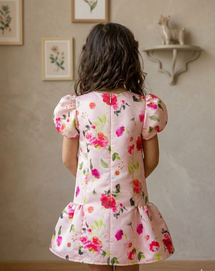 Girls Pink Floral Puff Sleeve Party Dress view 2
