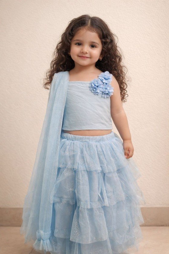 Fairytale Sky Blue Lehenga with One-Shoulder Top