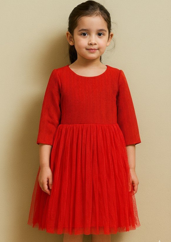 Girls Elegant Red Pleated Tulle Party Dress
