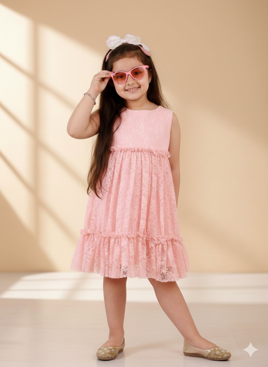 Charming Peach Sleeveless Pleated Net Party Dress