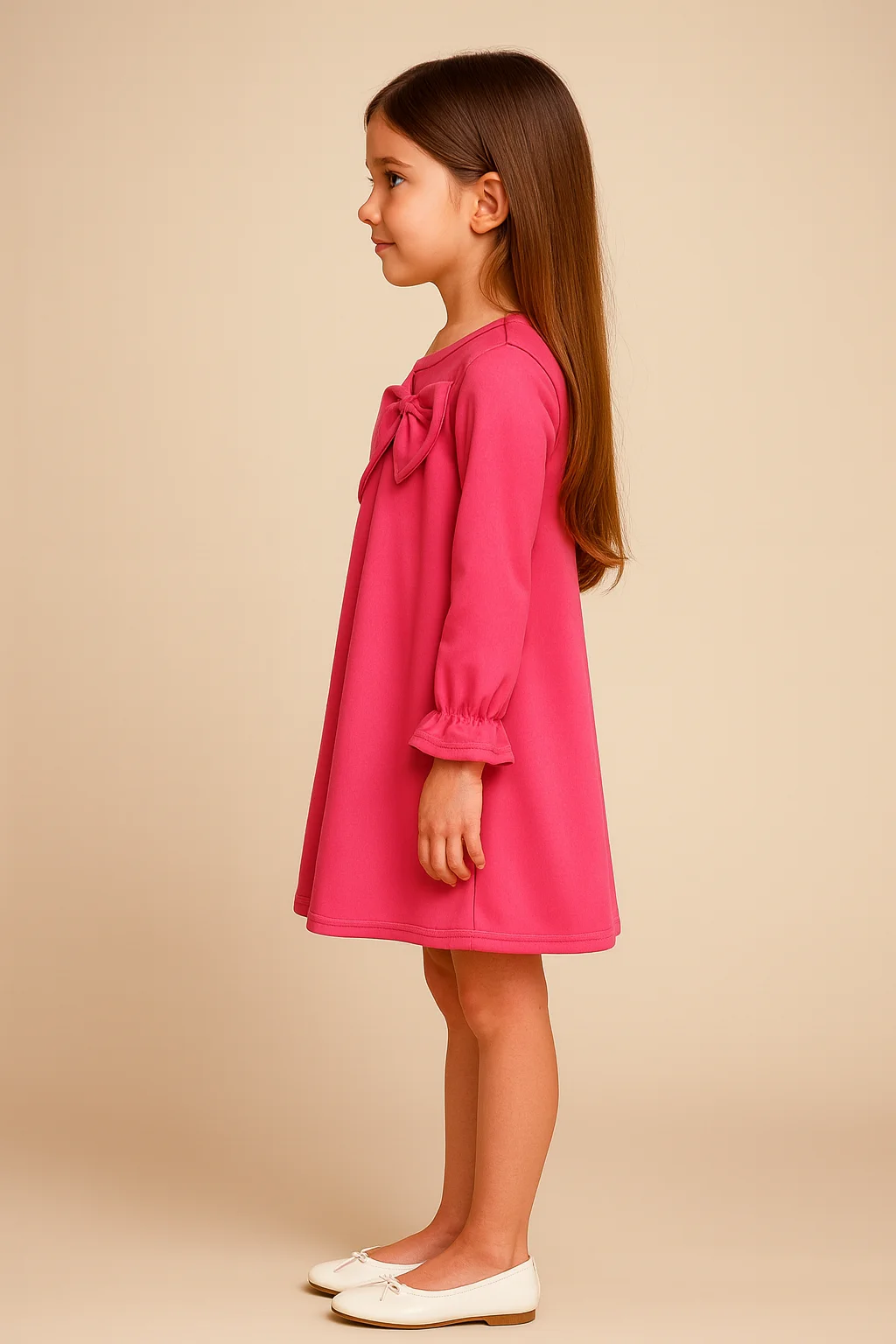Kidsdew full sleeves Scuba A- line knee length dress with side bow fuchsia view 2