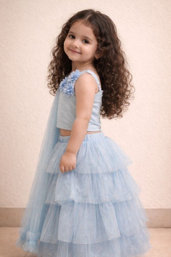 Fairytale Sky Blue Lehenga with One-Shoulder Top view 3