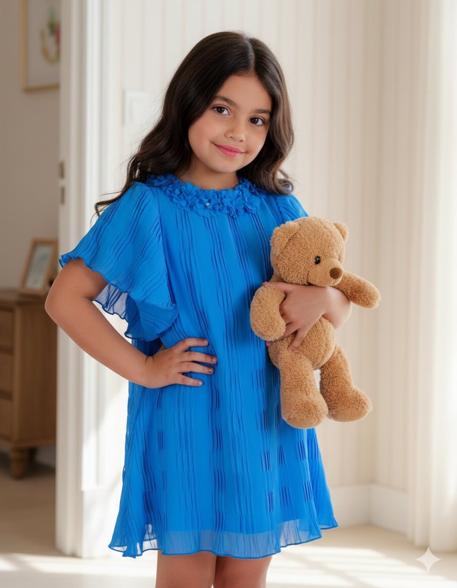 Flared Sleeves Knee Length A-Line pleated georgette casual dress blue