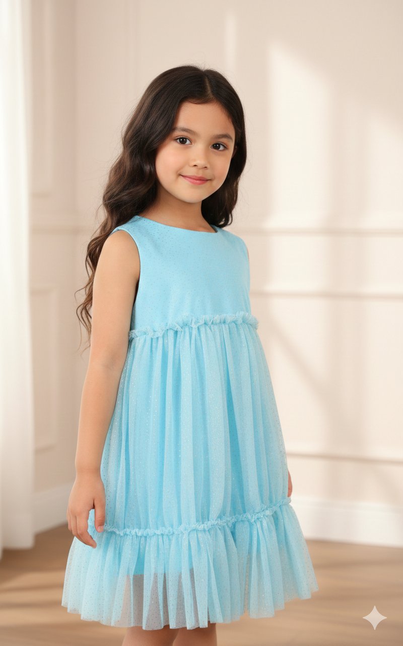 Elegant Sky Blue Glitter Net Pleated Dress