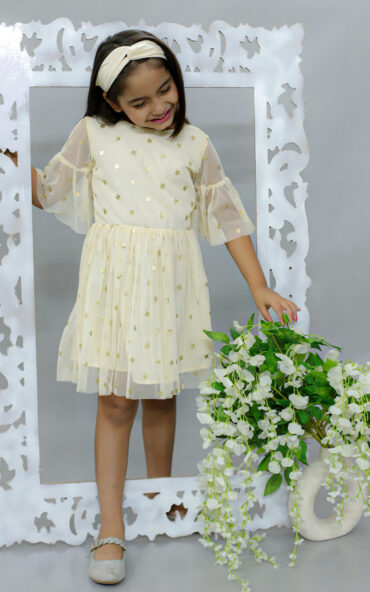 Enchanting Beige Starry Magic Kids Party Dress with matching Hairband