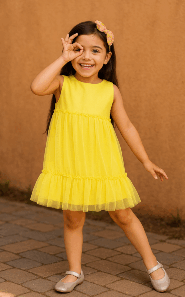 Radiant Yellow Glitter Net Pleated Dress