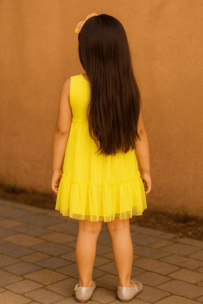 Radiant Yellow Glitter Net Pleated Dress