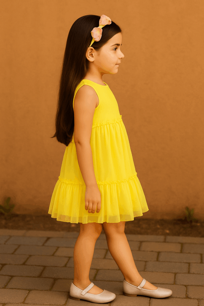 Radiant Yellow Glitter Net Pleated Dress