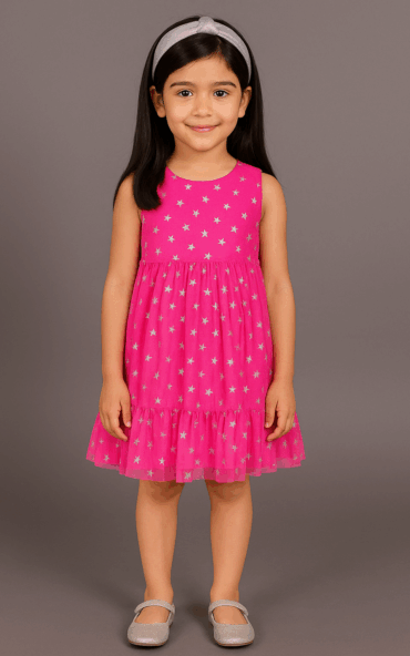 Mesmerizing Magenta Glitter Net Pleated Dress