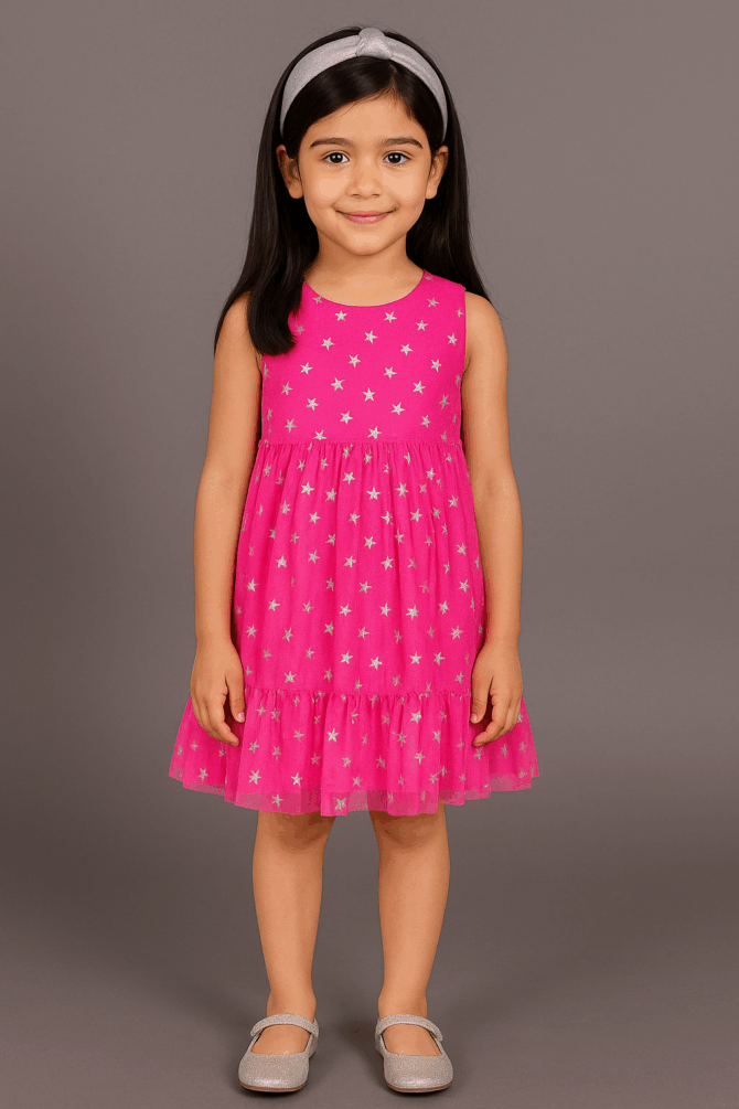 Mesmerizing Magenta Glitter Net Pleated Dress