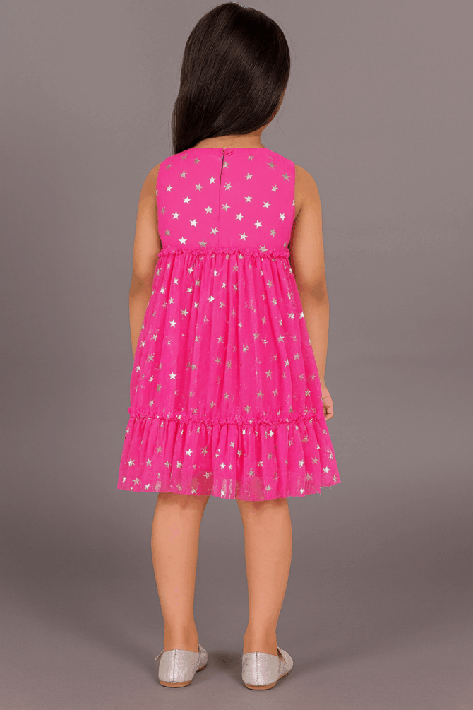 Mesmerizing Magenta Glitter Net Pleated Dress
