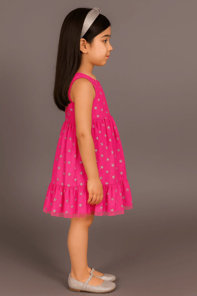 Mesmerizing Magenta Glitter Net Pleated Dress