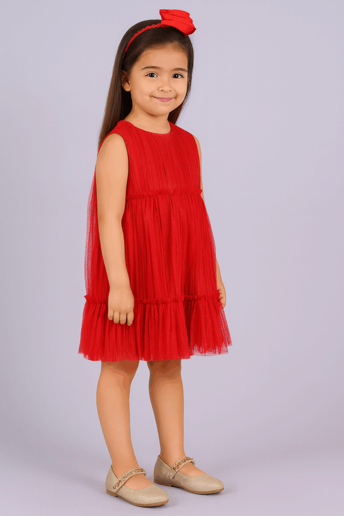 Glamorous Red Glitter Net Pleated Party Dress