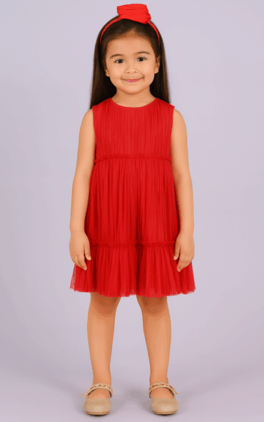 Glamorous Red Glitter Net Pleated Party Dress