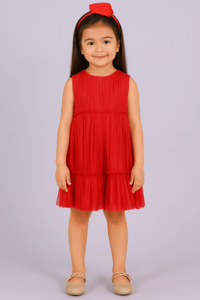 Glamorous Red Glitter Net Pleated Party Dress