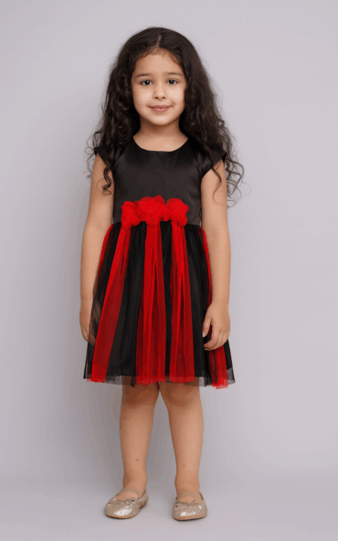 Elegant Black and Red Bouquet Tuil Dress