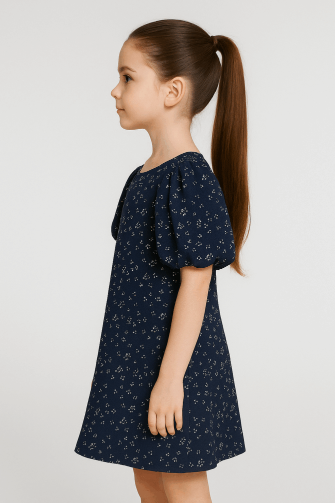 Chic Navy Puffed Sleeves Dress
