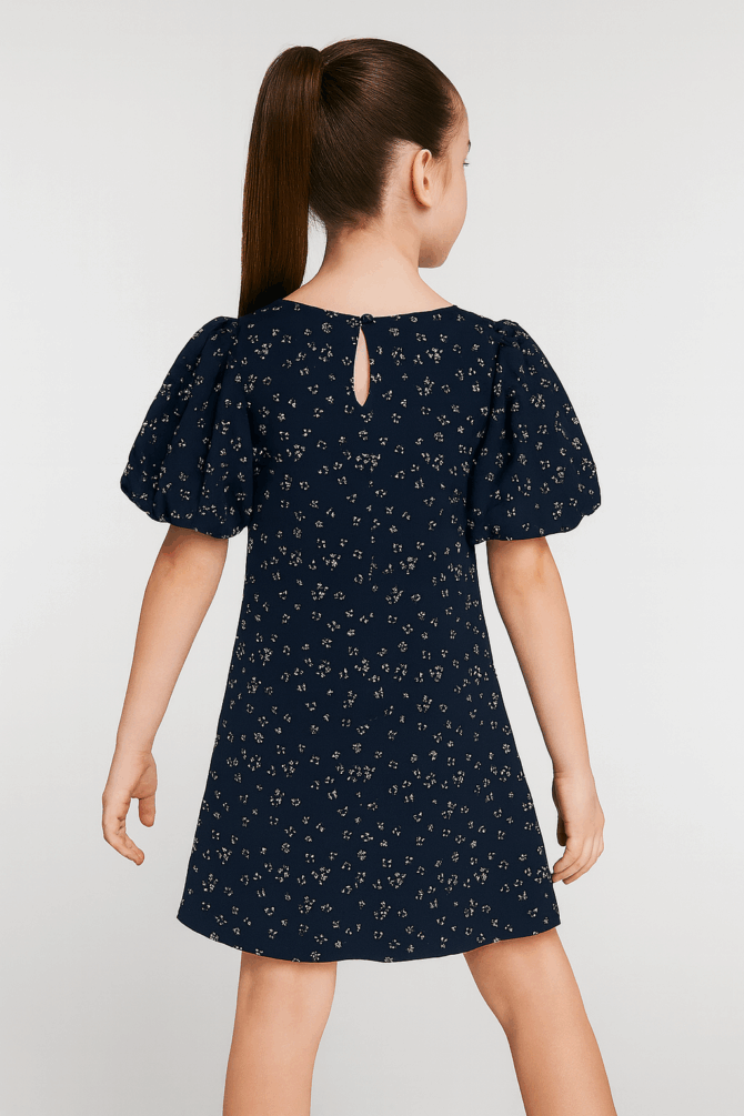Chic Navy Puffed Sleeves Dress