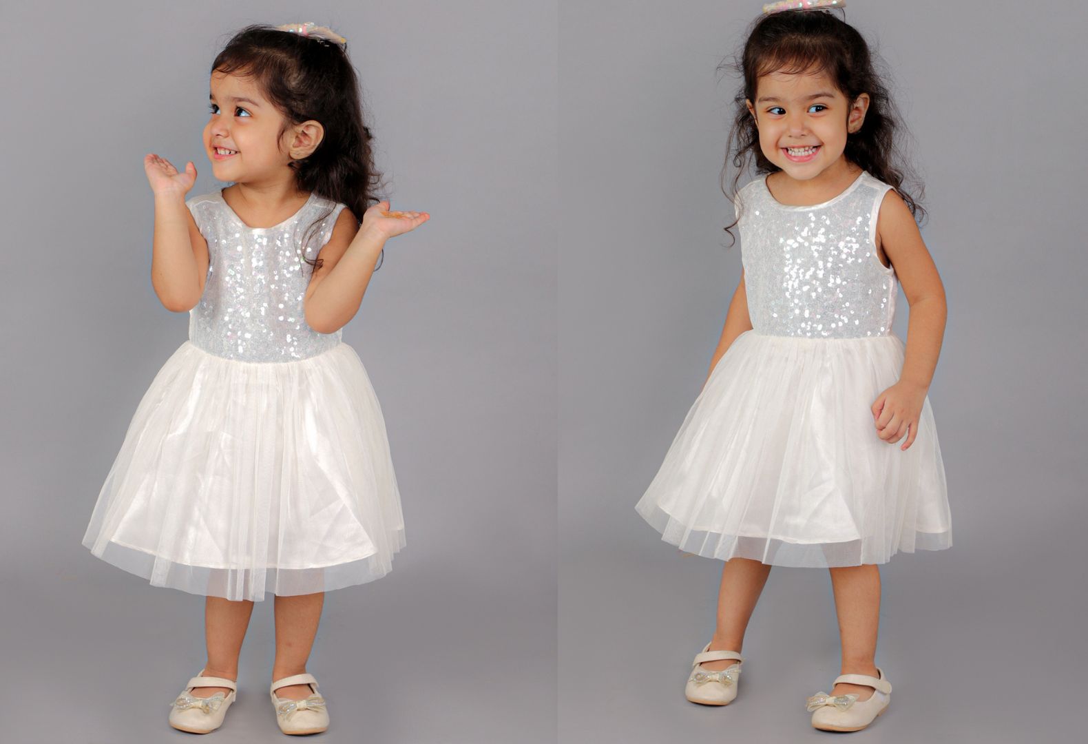 Elegant White Sequin Flare party wear Dress for baby girls