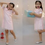 KidsDew Half Sleeves Knee Length A-Line Design Net party wear Dress for baby girls with Peterpan Collar Peach