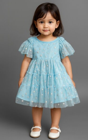 Kidsdew Shorts Sleeves Star Net Flared Dress